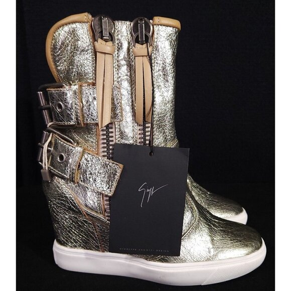 Giuseppe Zanotti Buckle Wedge Leather Sneaker 36 6 Gold Metallic High Top New - Picture 6 of 11